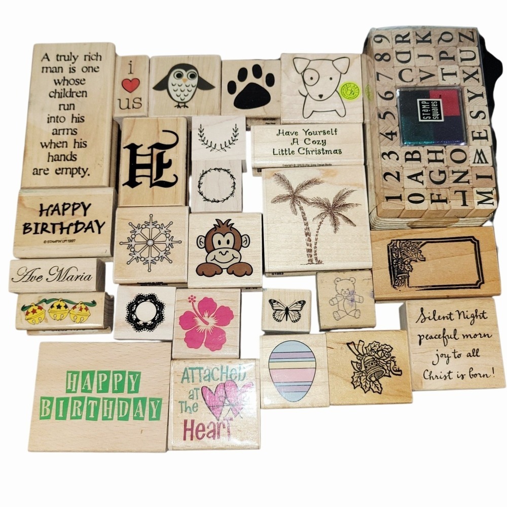 Vintage Wood Mounted Rubber Stamps Lot 25+ Alphabet Numbers Holiday Birthday